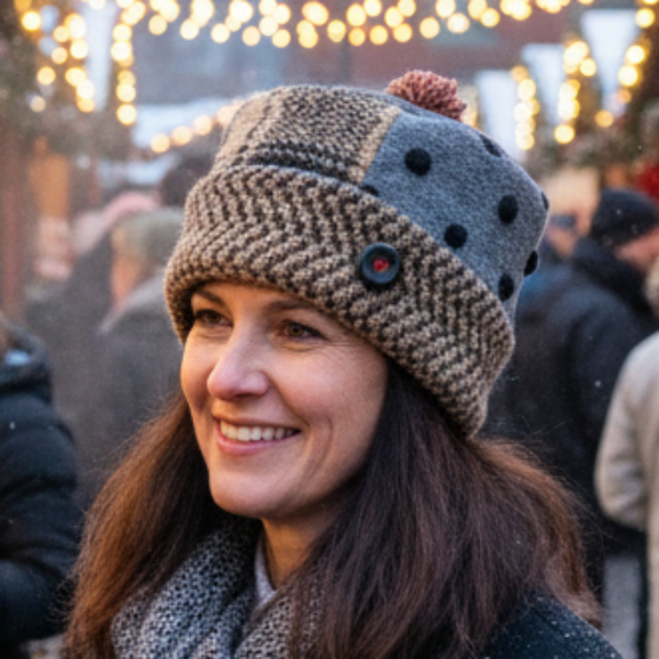 Knitted beanie with plaid pattern and pom-pom on a white background