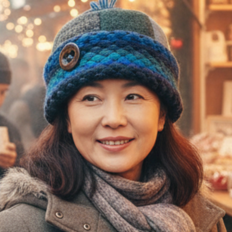 Multicolored knit hat with a button on a white background