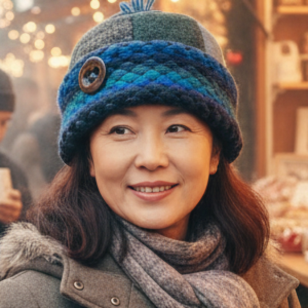 Multicolored knit hat with a button on a white background
