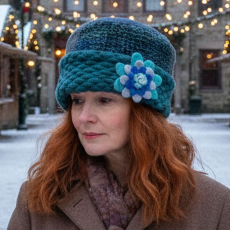 Knitted hat with a blue flower accessory on a white background