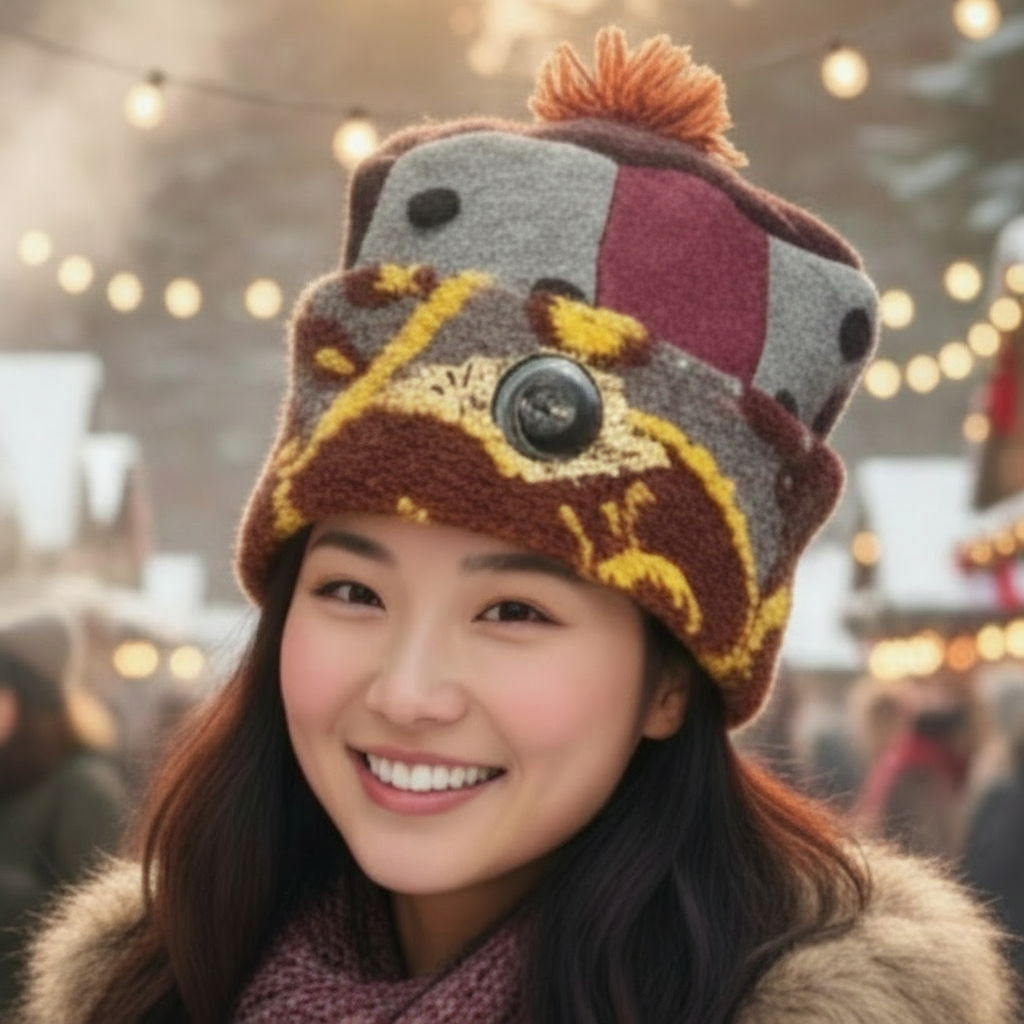 Handmade Multicolored Patchwork Wool Hat with pom pom