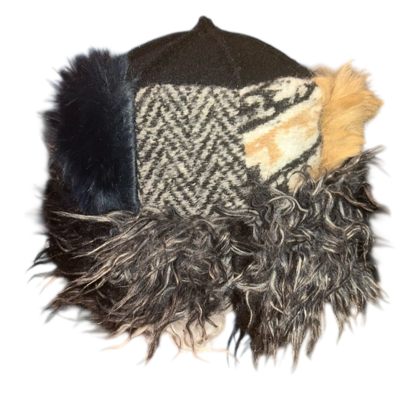 Multicolored fur-trimmed hat on a white background