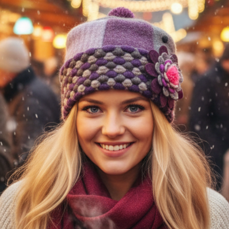 Patchwork knit hat with a flower detail on a white background